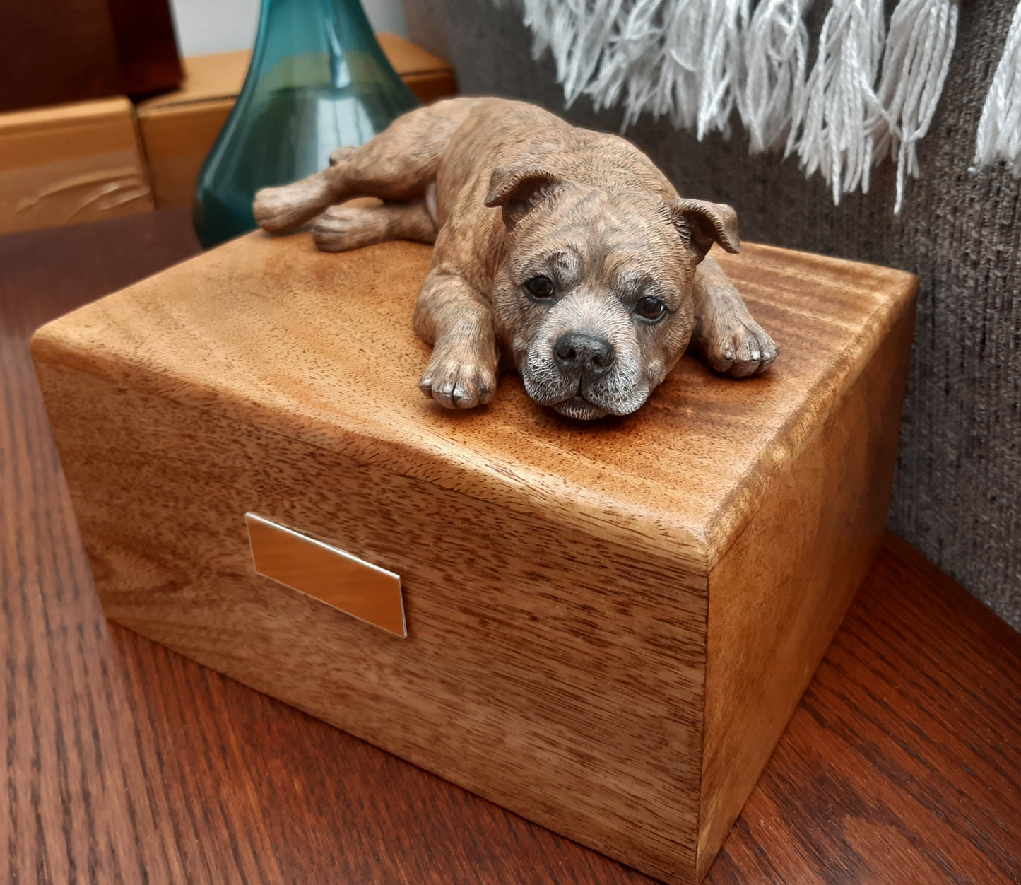 Staffordshire Bull Terrier With Wooden Cremation Urn For Ashes