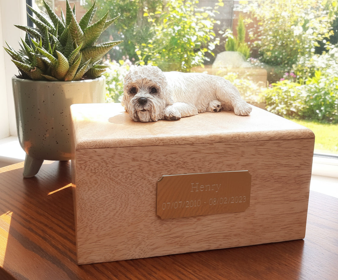 Mustard dandie dinmont terrier dog statue of wooden cremation casket urn