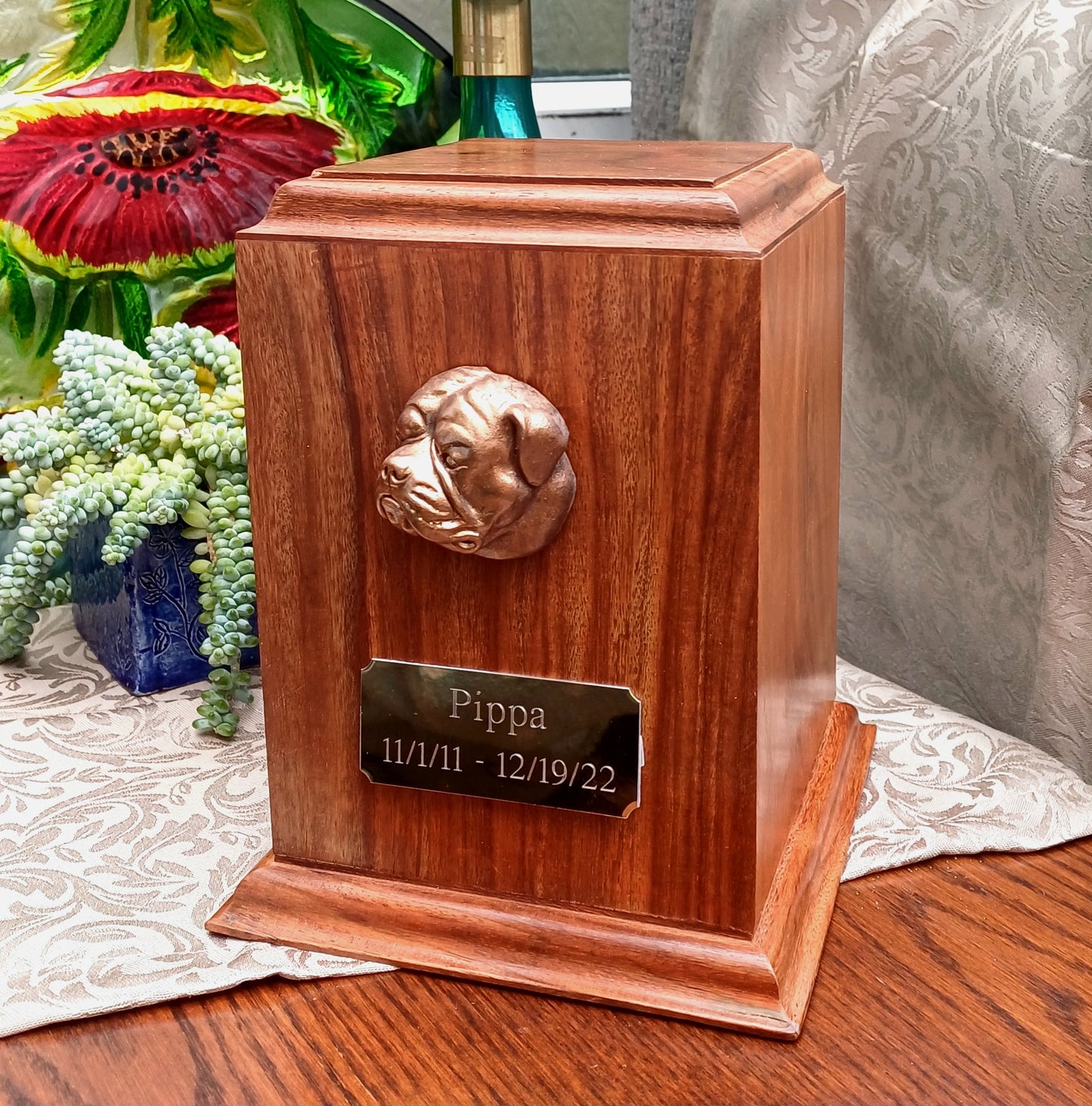 American Bulldog Wooden Cremation Urn For Pet Ashes