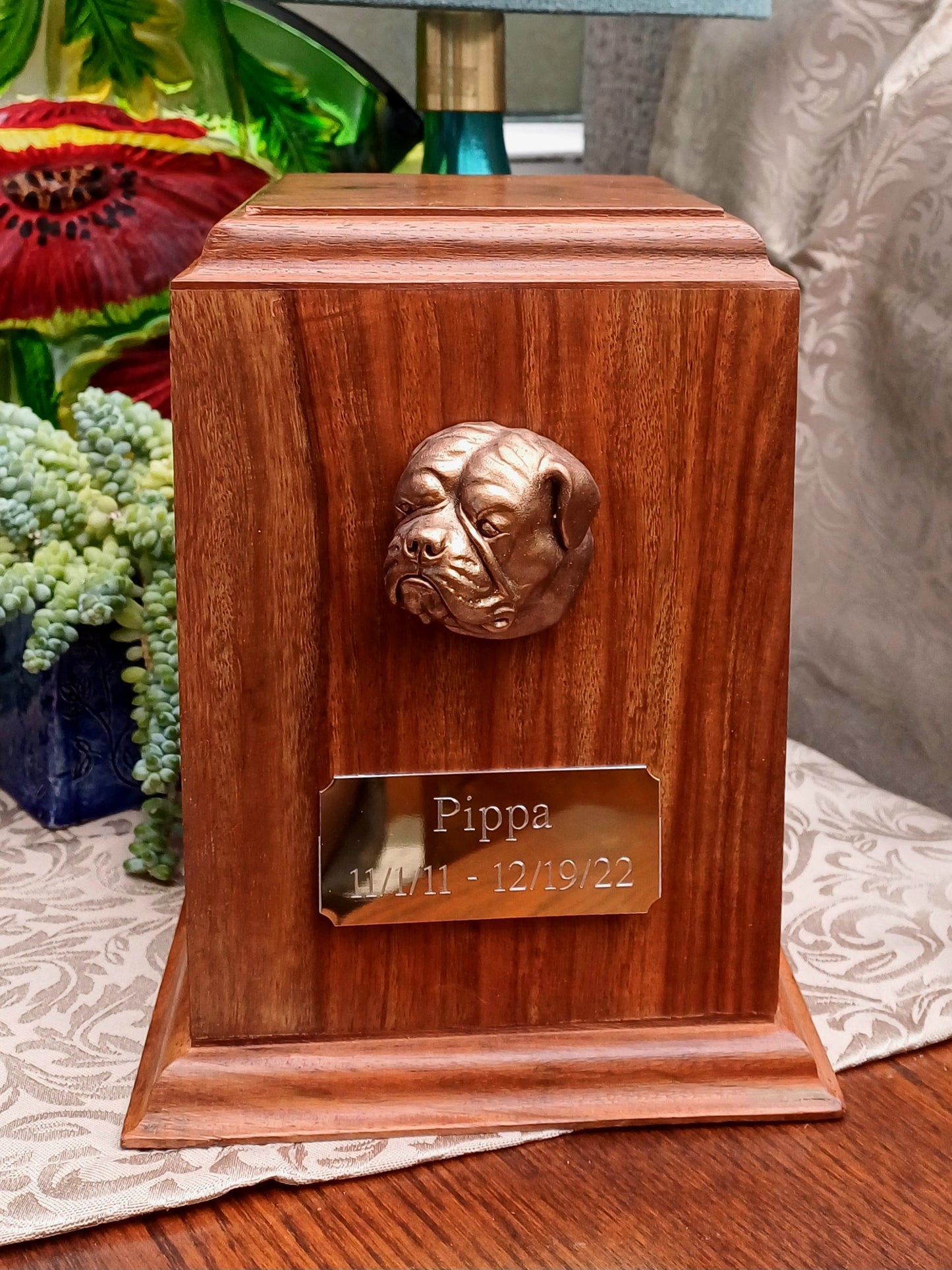American Bulldog Wooden Cremation Urn For Pet Ashes