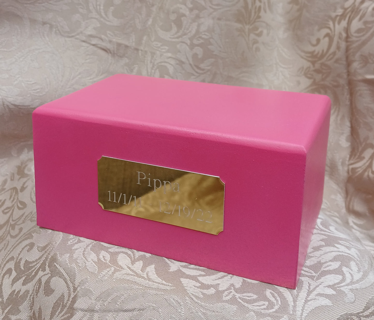 Pink Wooden Pet Cremation Urn With Optional Engraved Name Plate