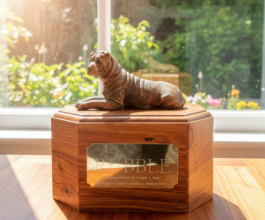 Wooden pet urn with a dog figurine on top, placed on a wooden surface with a plant and blanket in the background.