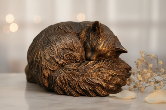 Bronze sculpture of a cat on a white surface with a light background