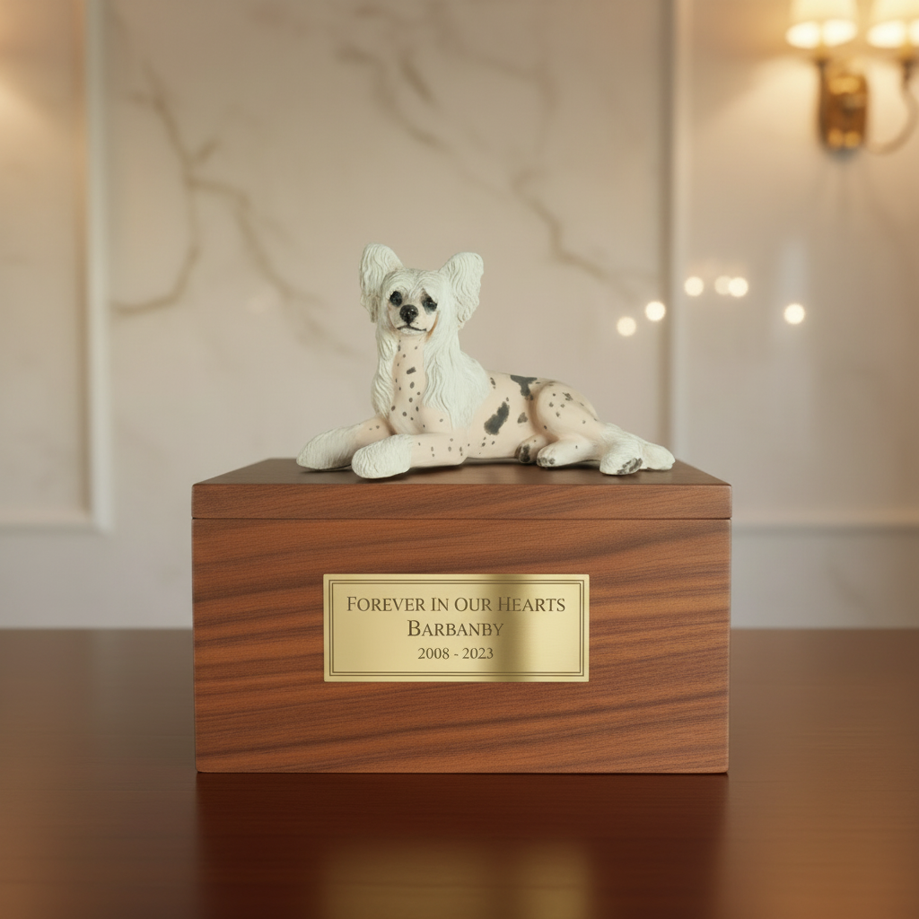 Dog figurine urn on a wooden surface with a blurred indoor background