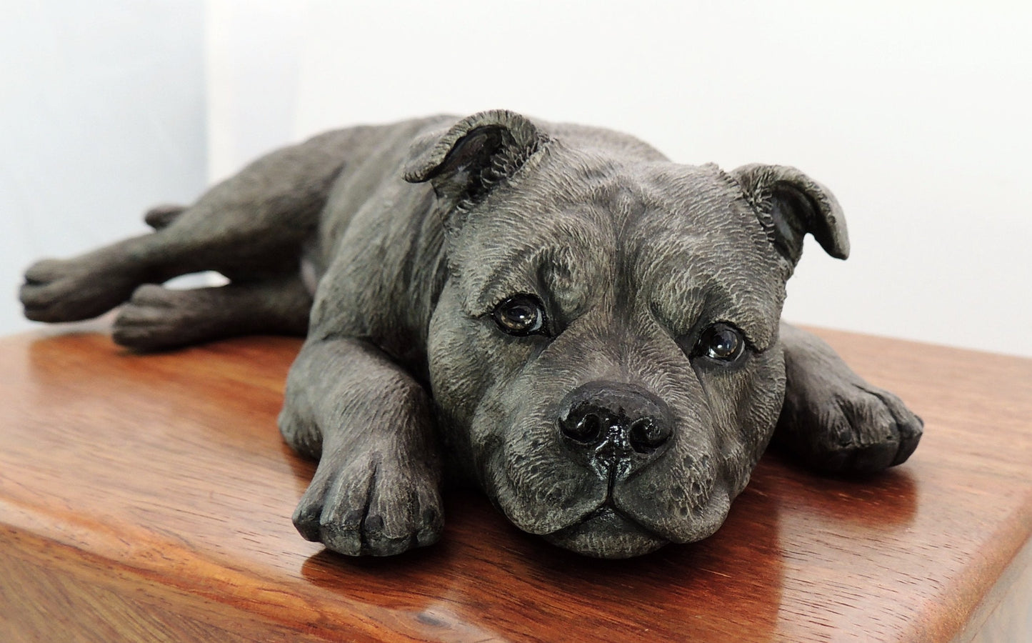 Staffordshire Bull Terrier With Wooden Cremation Urn For Ashes