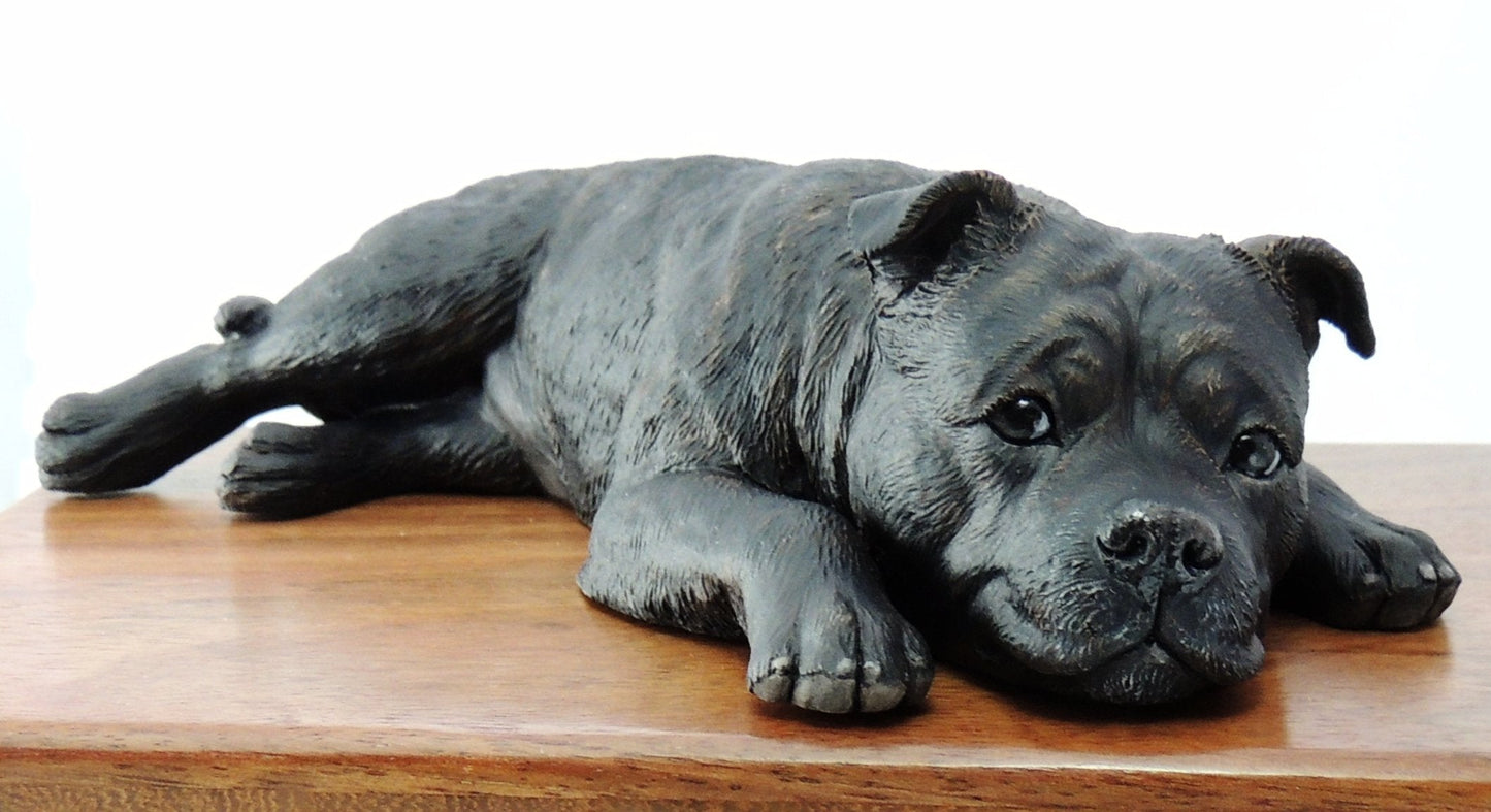 Staffordshire Bull Terrier With Wooden Cremation Urn For Ashes