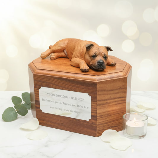 Wooden pet urn with a staffordshire bull terrier dog figurine on top, placed on a wooden surface.