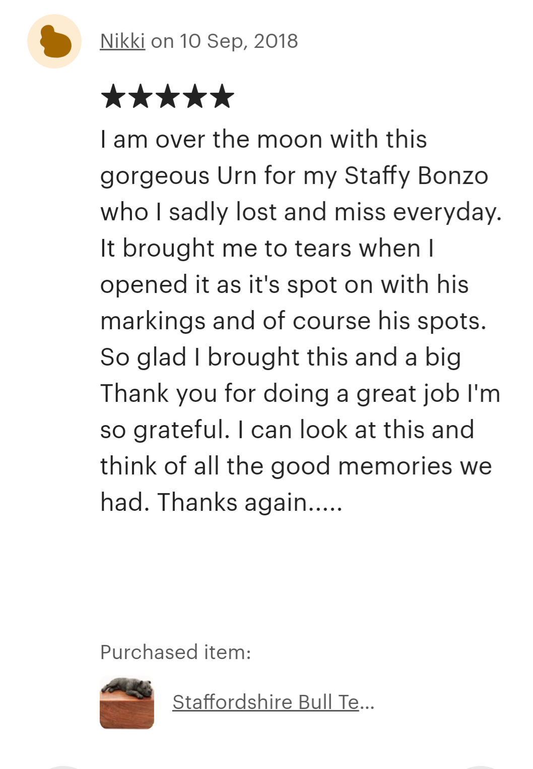 Staffordshire Bull Terrier Wooden Cremation Urn For Ashes In Bronze or Pewter effect