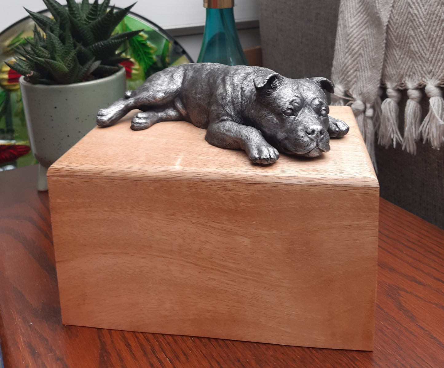 Staffordshire Bull Terrier Wooden Cremation Urn For Ashes In Bronze or Pewter effect
