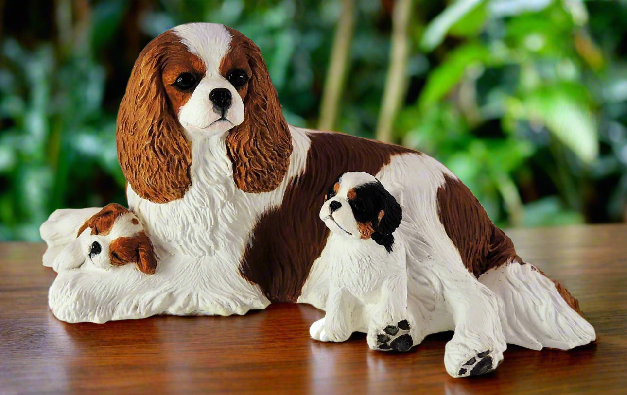 cavalier king charles spaniel and puppies sculpture