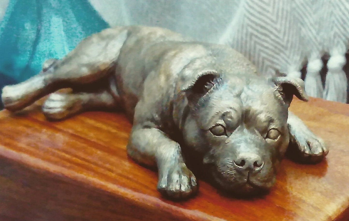 Staffordshire Bull Terrier Wooden Cremation Urn For Ashes In Bronze or Pewter effect