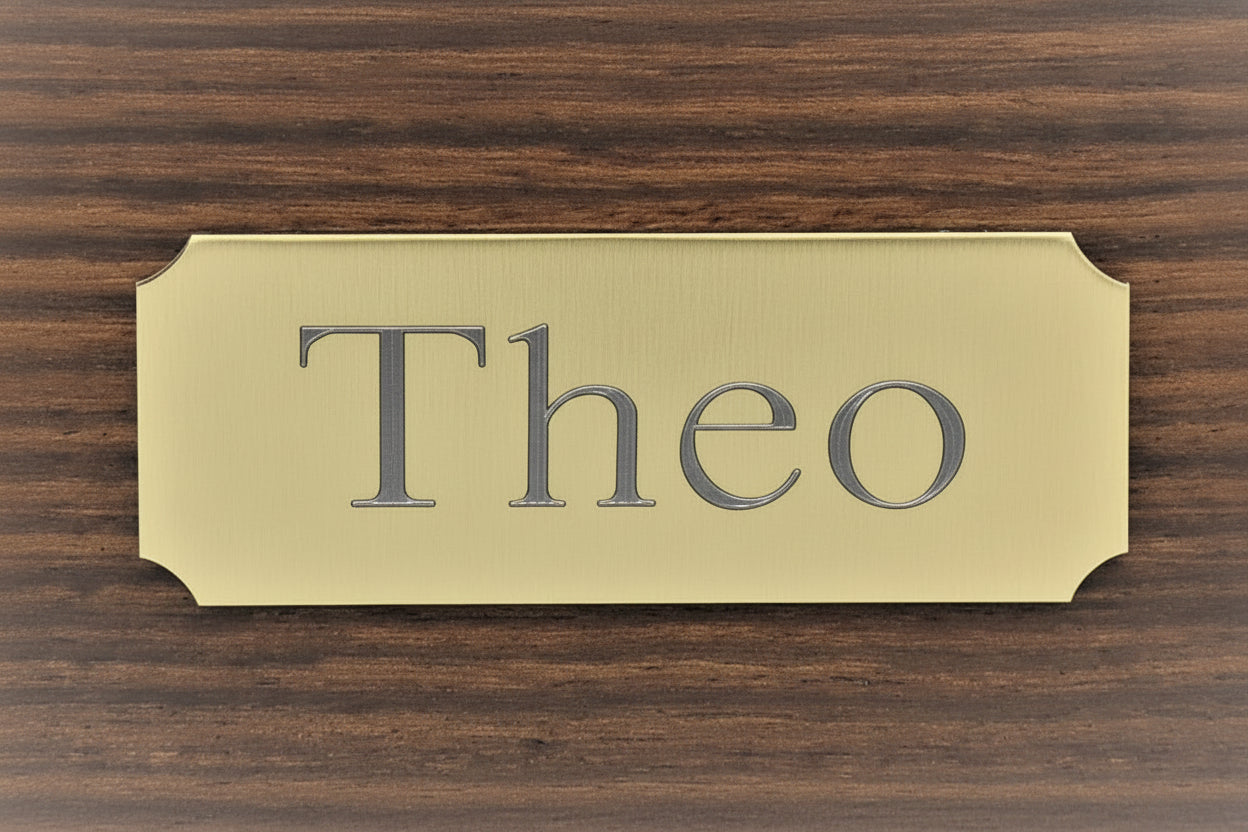 A polished aluminium /brass name plate with the engraved name 'Theo' in a gold finish.