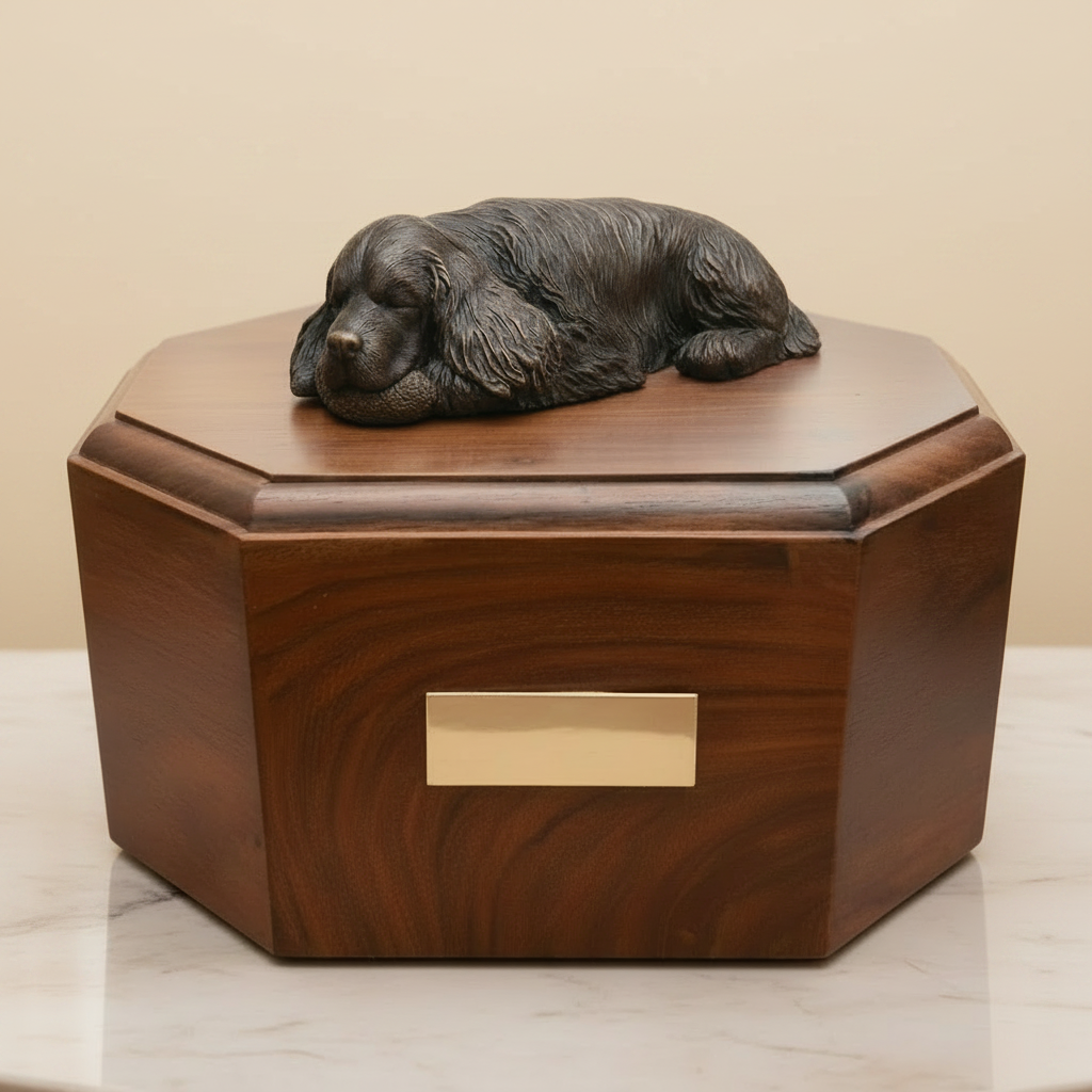 Wooden urn with a bronze springer spaniel  dog figurine on top, set against a blurred green background.