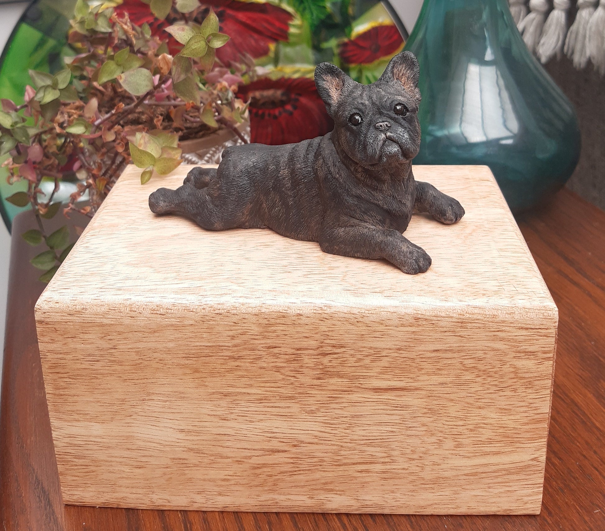 French bulldog brindle with wood cremation casket urn