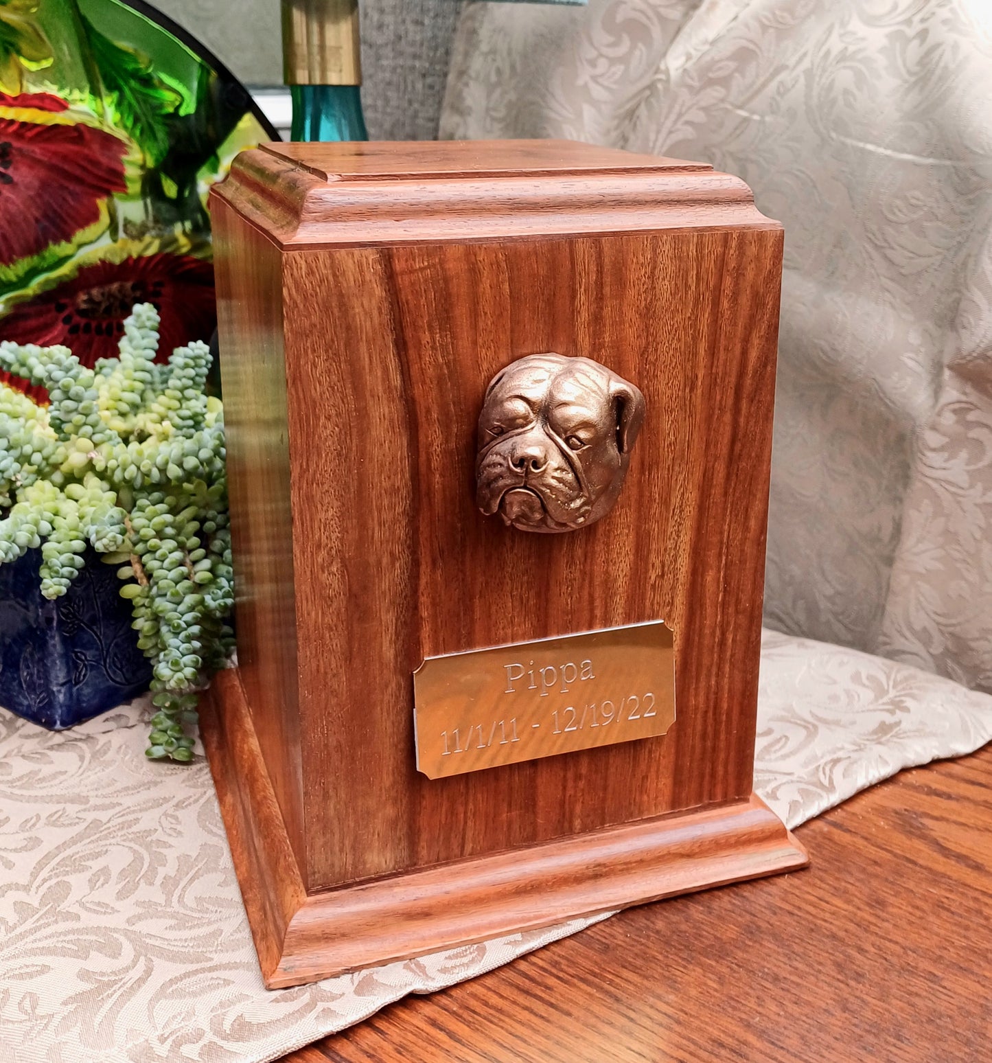 American Bulldog Wooden Cremation Urn For Pet Ashes