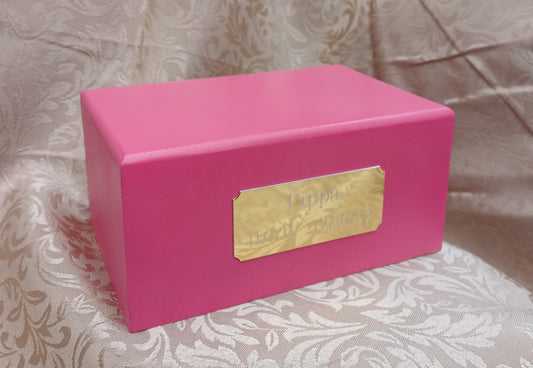 Pink Wooden Pet Cremation Urn With Optional Engraved Name Plate