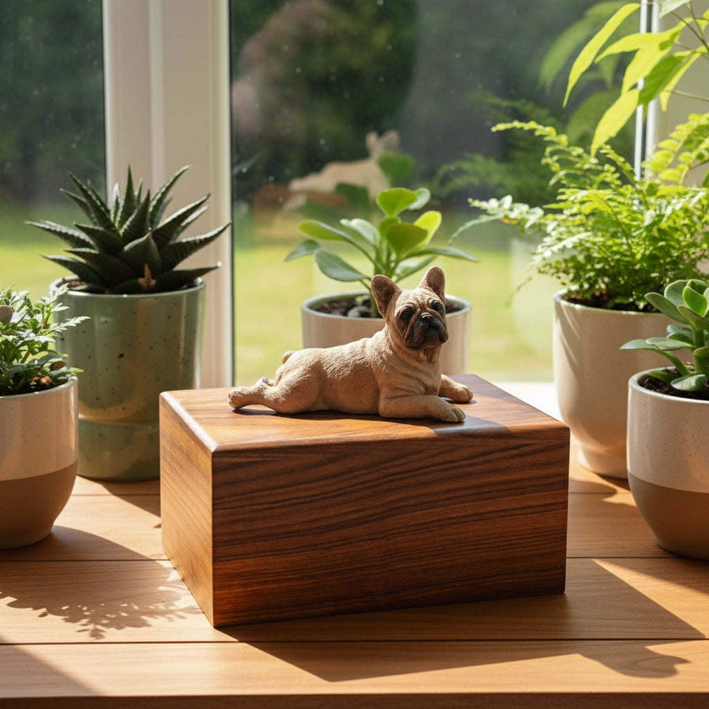 Wooden box with a figurine of a french bulldog on top, placed on a textured surface.