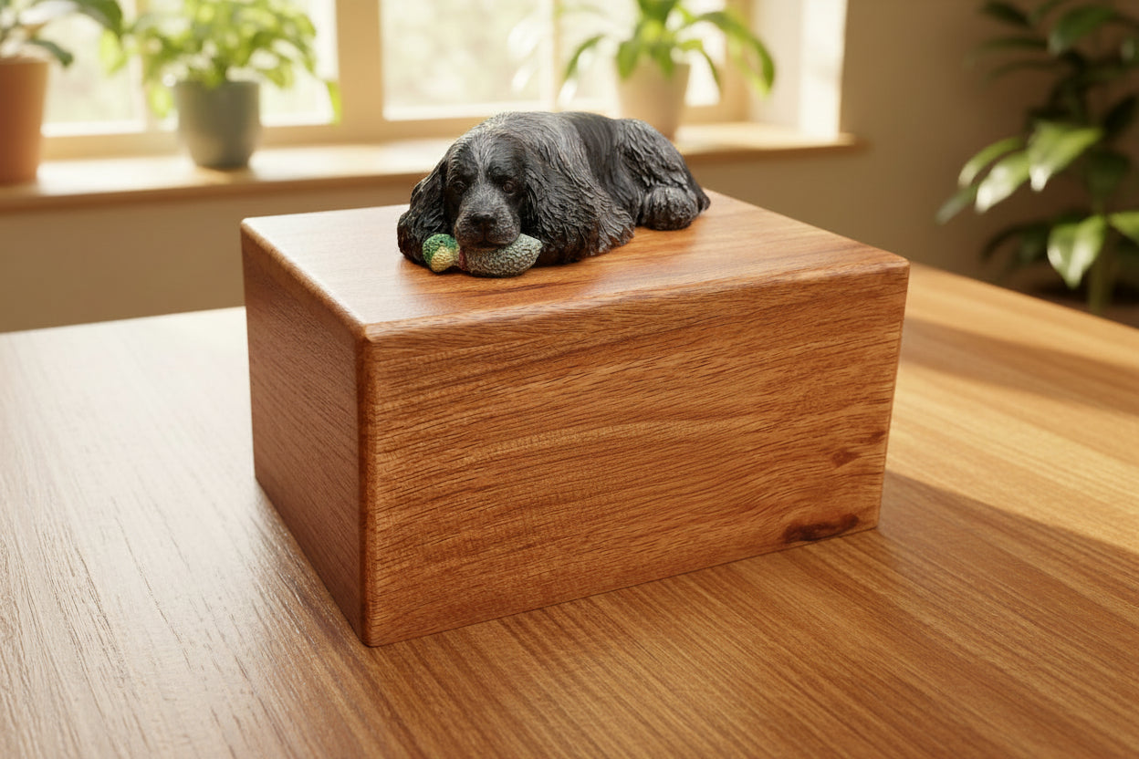 English Cocker Spaniel Wooden Cremation Urn For Ashes