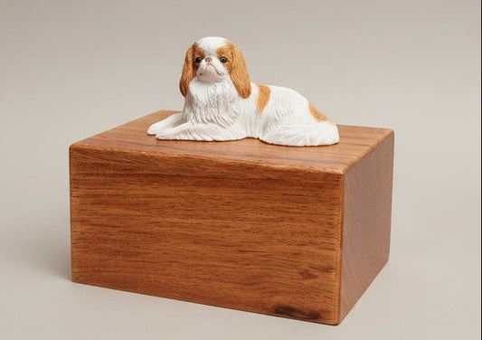 Wooden pet urn with a dog figurine on a beige background