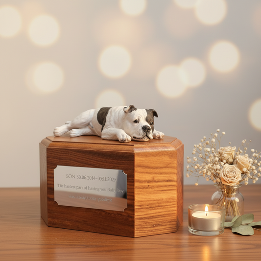 Staffordshire Bull Terrier With RoseWood Cremation Urn For Ashes