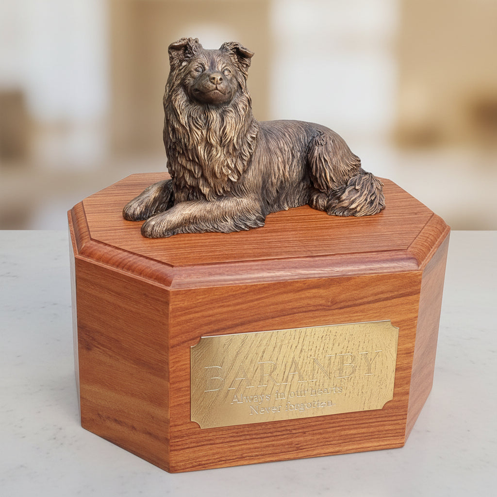 Bronze border collie dog sculpture on a wooden urn with a floral photo frame in the background.