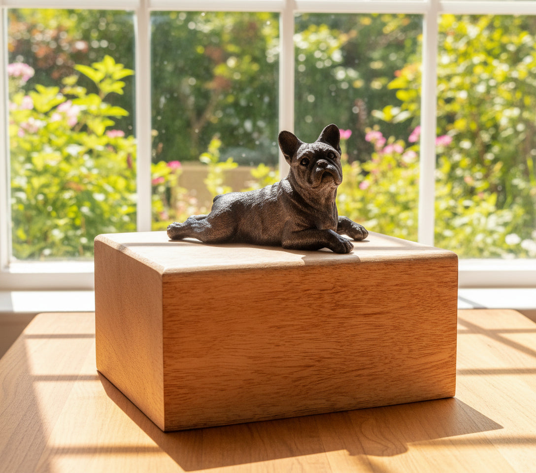 French bulldog brindle with wood cremation casket urn for pet ashes