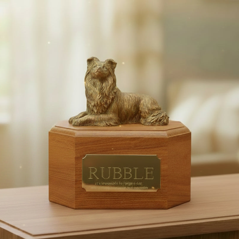 Wooden urn with a bronze dog figurine on top, placed on a wooden surface.