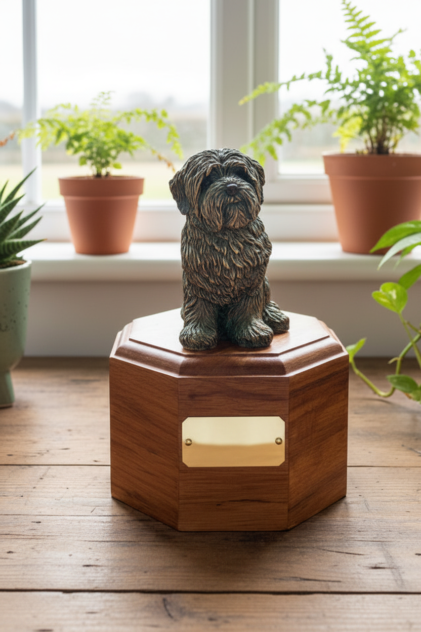 Wooden pet urn with a bronze Lhasa dog statue on top and engraved plate
