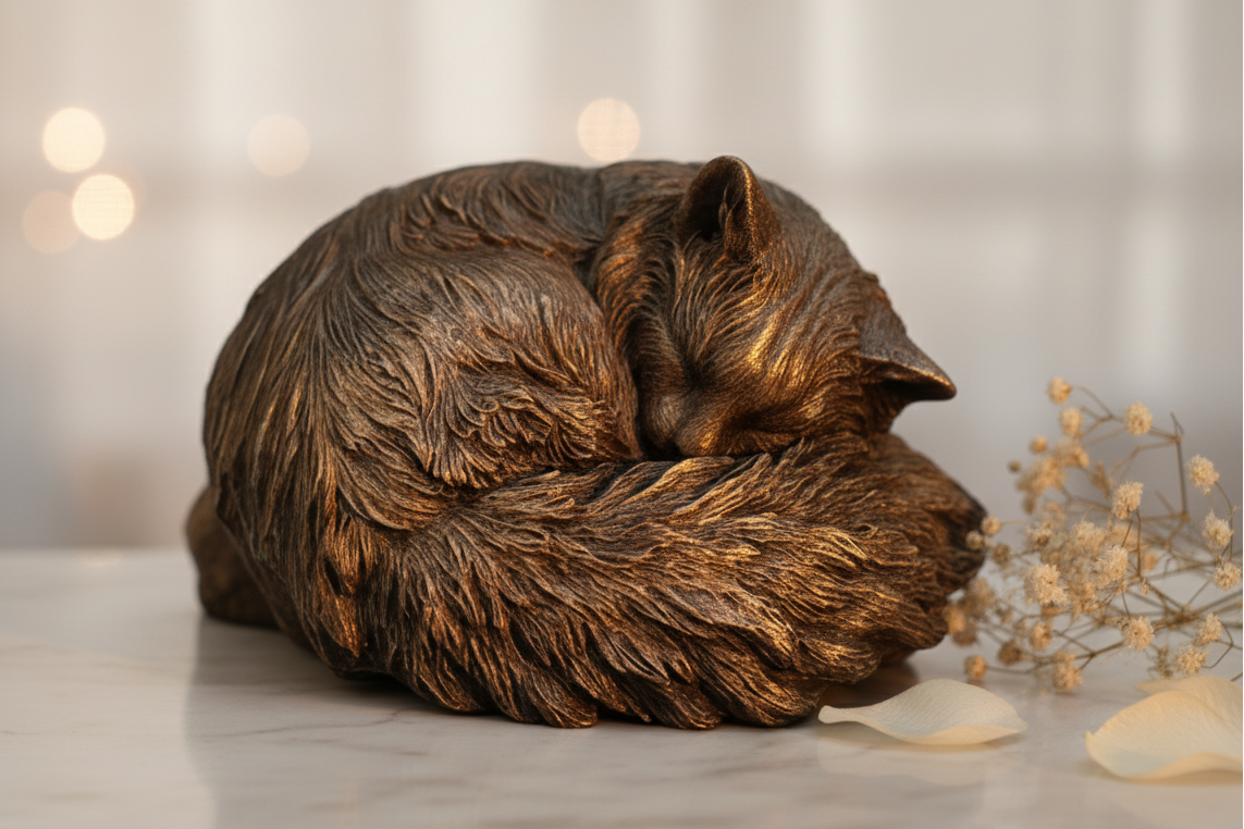 Bronze sculpture of a cat on a white surface with a light background