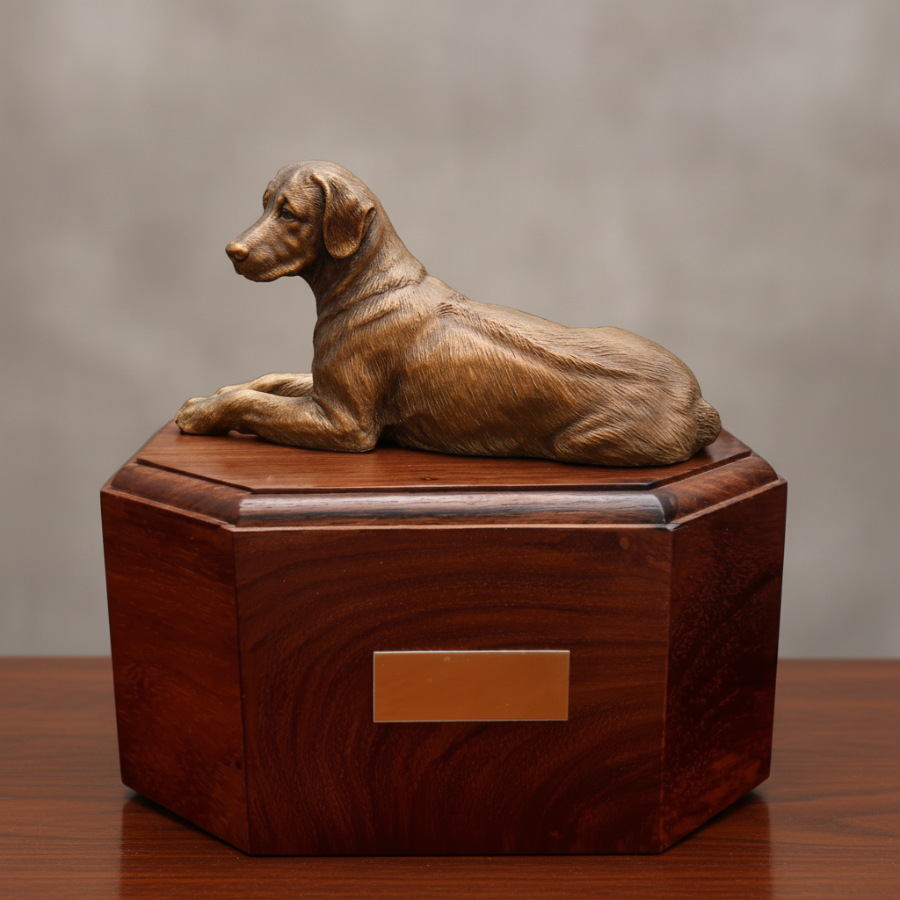 Bronze ridgeback dog sculpture on a wooden urn with a blurred green outdoor background