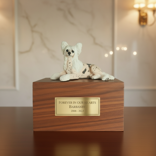 Dog figurine urn on a wooden surface with a blurred indoor background