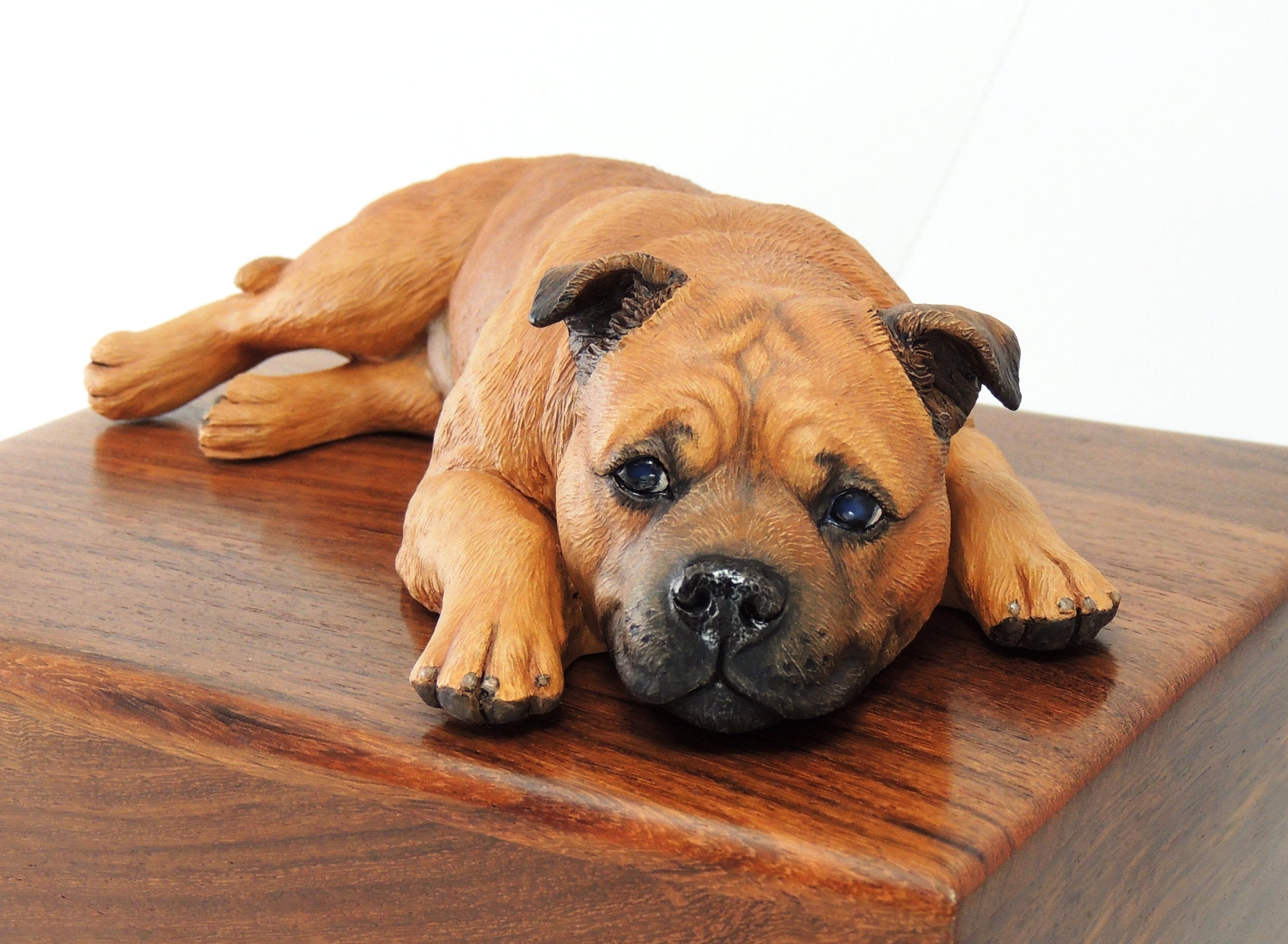 Staffordshire Bull Terrier With Wooden Cremation Urn For Ashes
