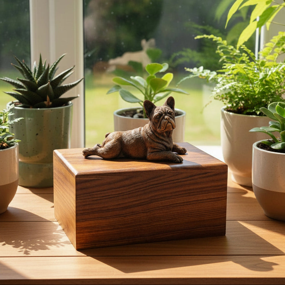 Wooden ashes urn box with a figurine of a french bulldog on top, placed on a textured surface.