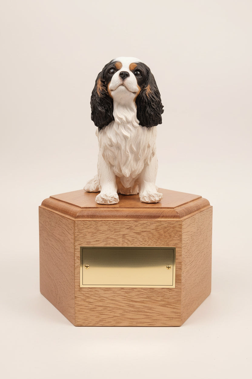 Wooden urn with a cavalier king charles dog figurine on top against a wooden background