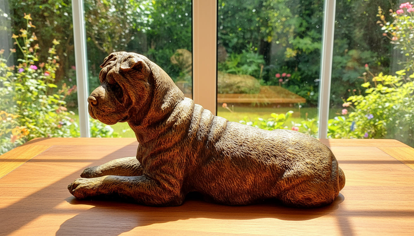 Bronze sculpture of a dog on a wooden base with decorative elements in the background