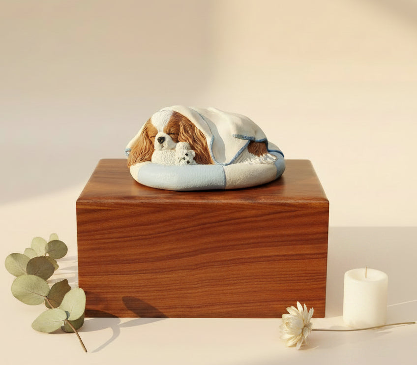 Wooden urn with a King charles spaniel dog figurine on top, placed on a surface 