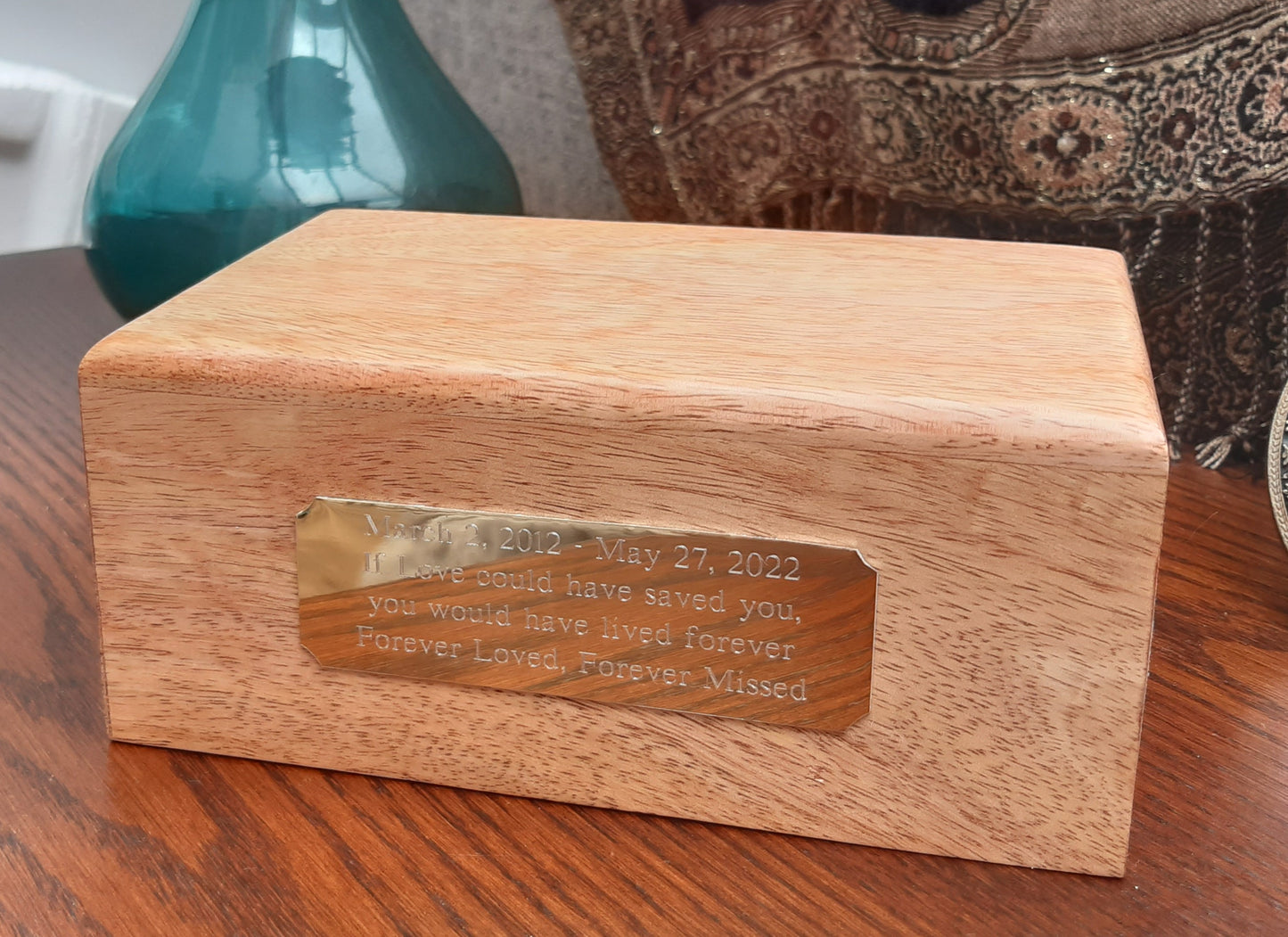 Wooden Pet Cremation Urn With Optional Engraved Name Plate (light or dark finish)