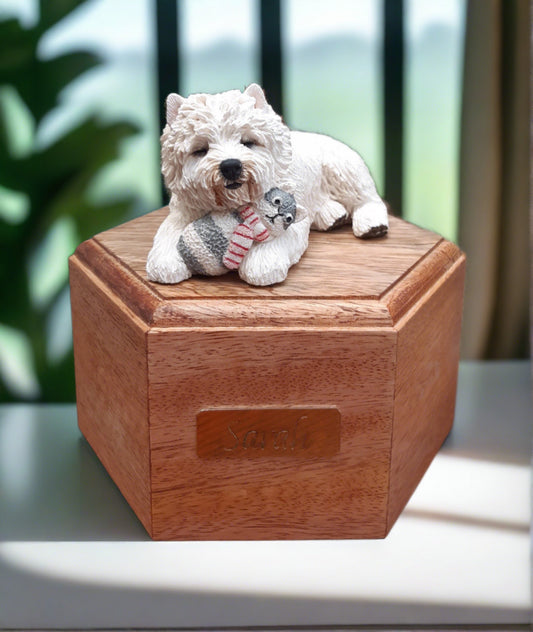 Urne de crémation de style pilulier en bois pour West Highland White Terrier.