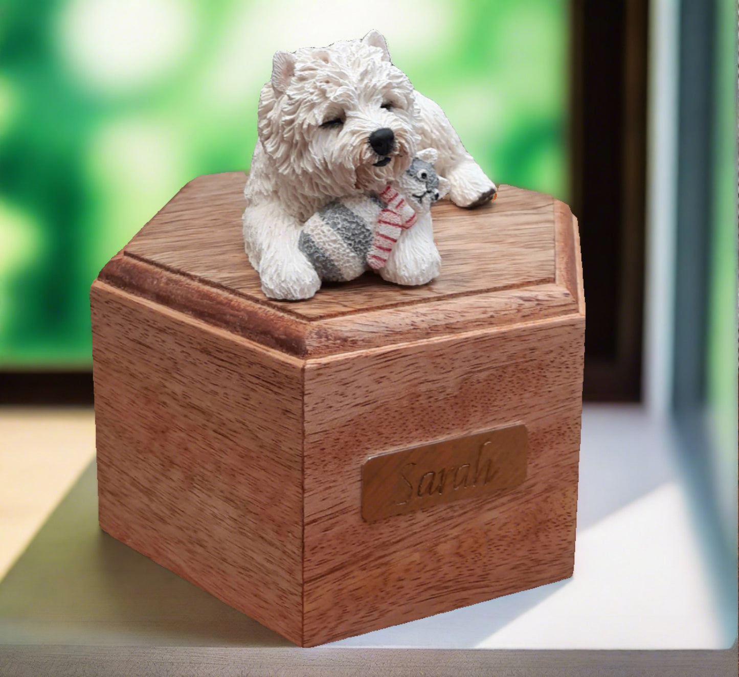 Wooden Pillbox Style Cremation Urn For West Highland White Terrier.