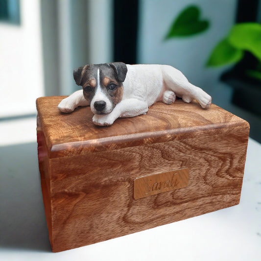 Jack russel terrier sculpture on wood urn