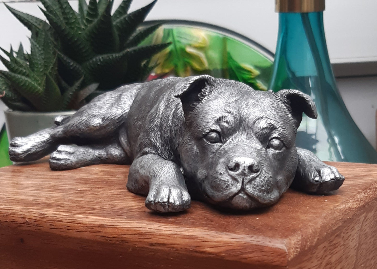 Staffordshire Bull Terrier Wooden Cremation Urn For Ashes In Bronze or Pewter effect