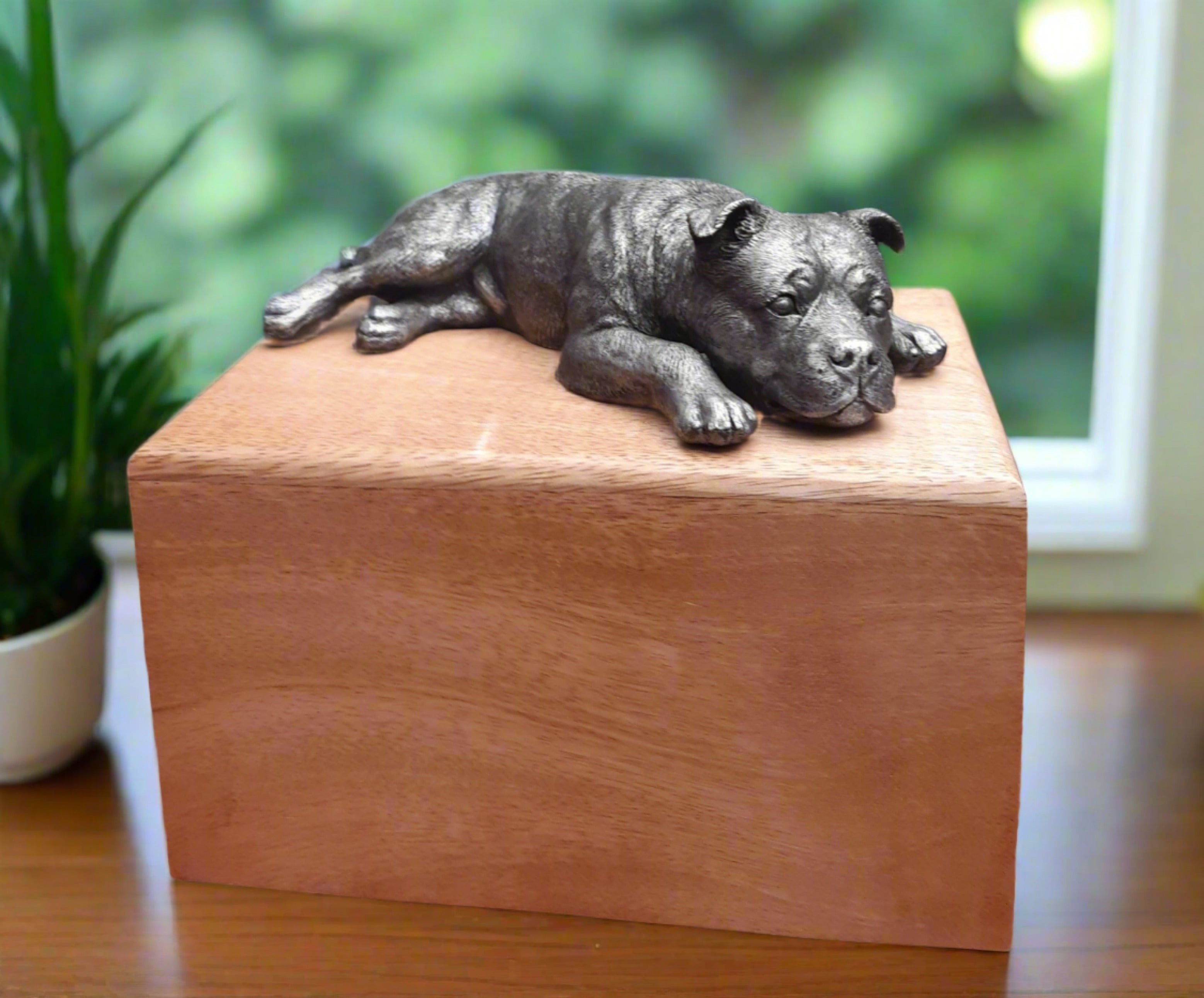 Staffordshire Bull Terrier Wooden Cremation Urn For Ashes In Bronze or  Pewter effect