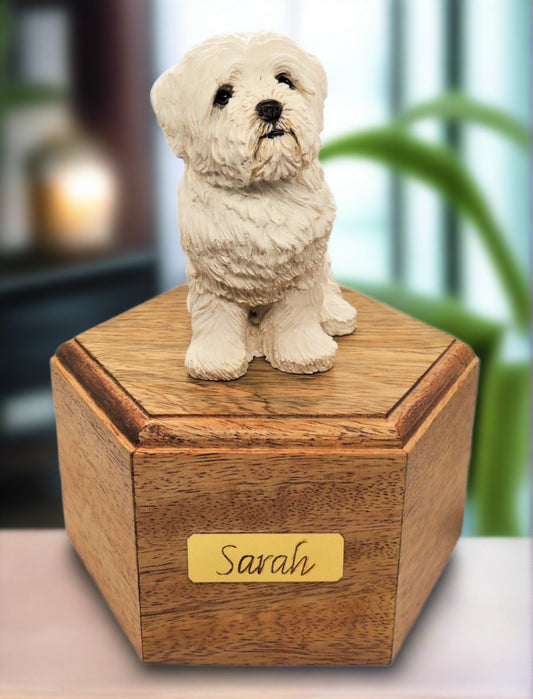 Maltese Pillbox Style Dog Wooden Cremation Urn For Ashes