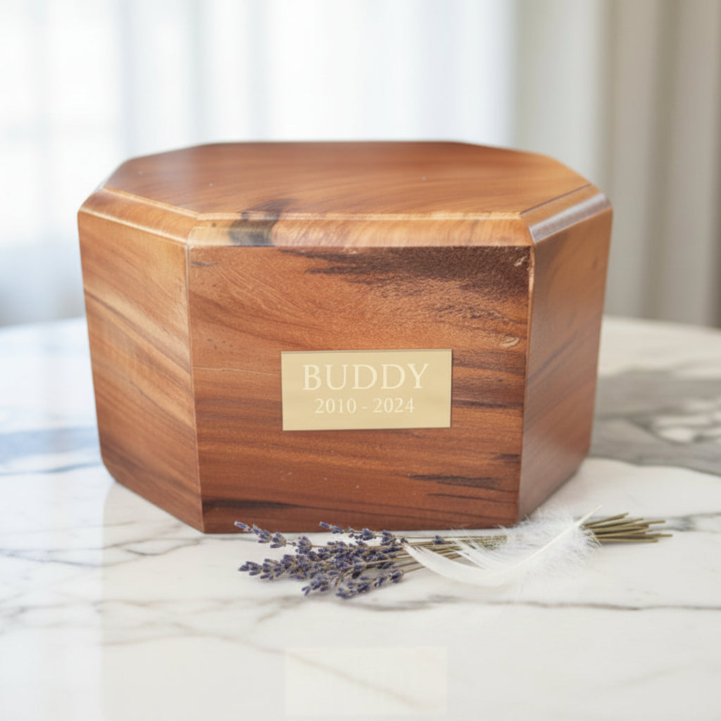 Wooden hexagonal box with a brass plaque on a reflective surface