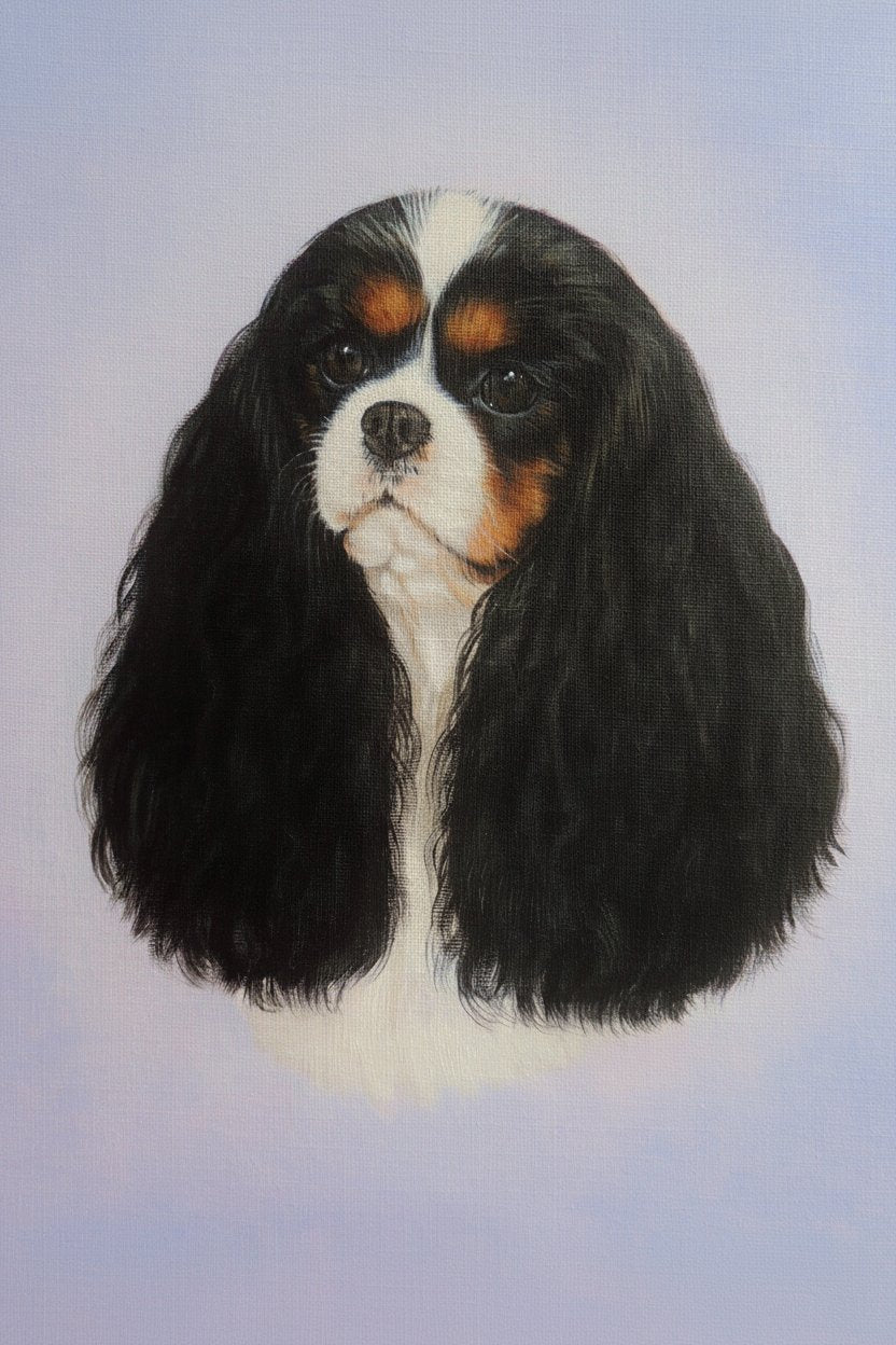 Artistic depiction of a dog with long black fur and white face on a light blue background