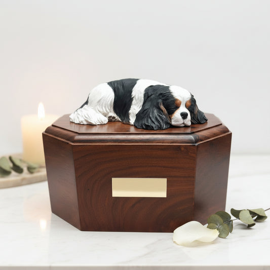 Rosewood urn with cavalier king charles spaniel sculpture