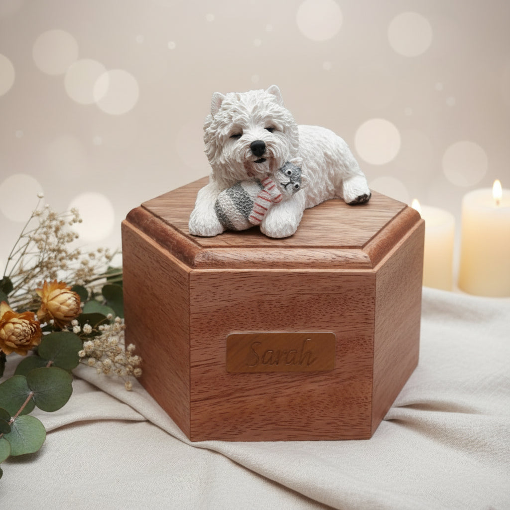 Wooden Pillbox Style Cremation Urn For West Highland White Terrier.