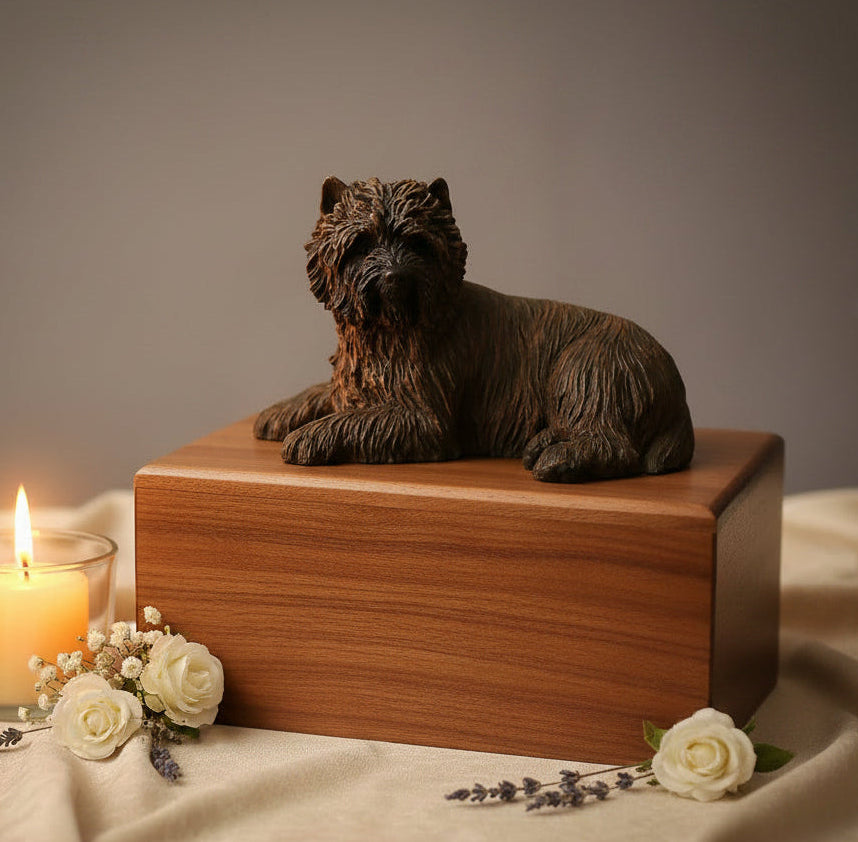 A wooden cremation urn with a sculpture of a cairn terrier dog on top.