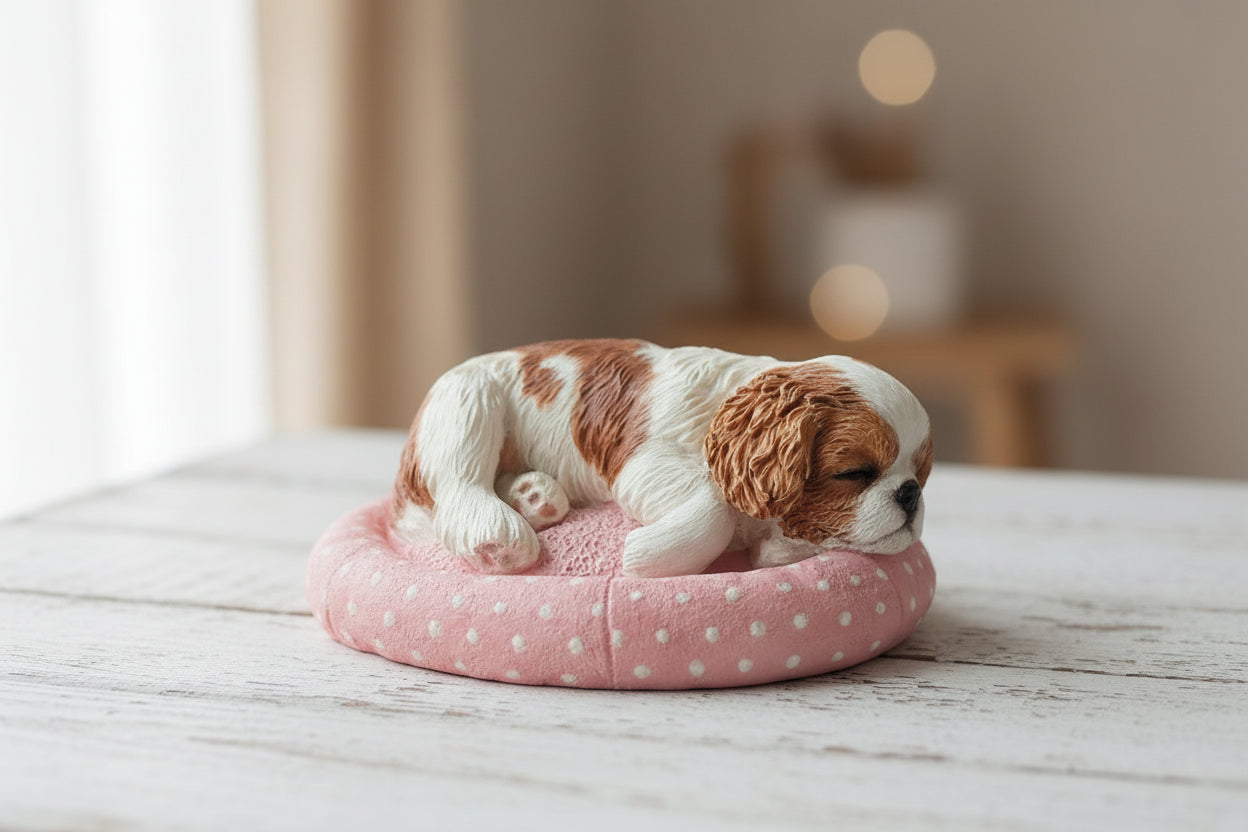 cute sculpture of a sleeping cavalier king charles spaniel puppy