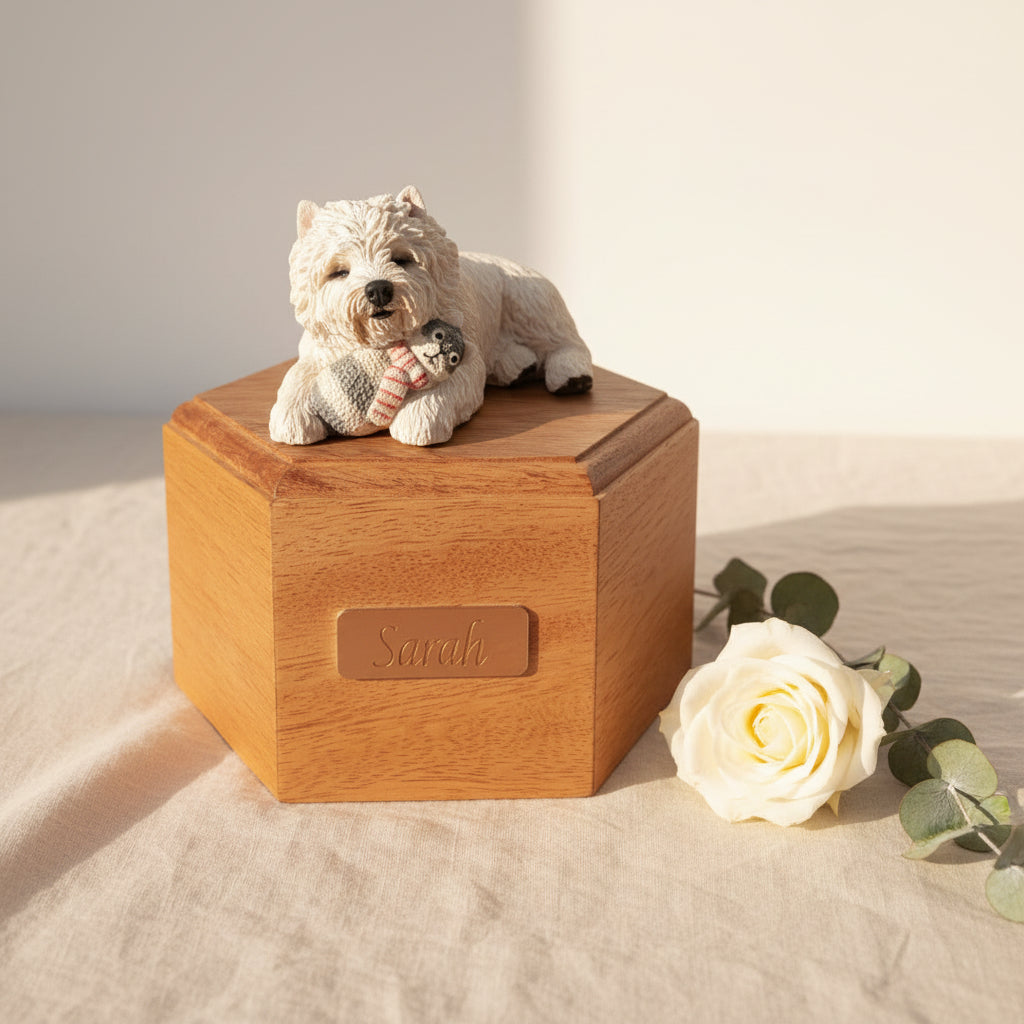 wooden urn with west highland white terrier sculpture